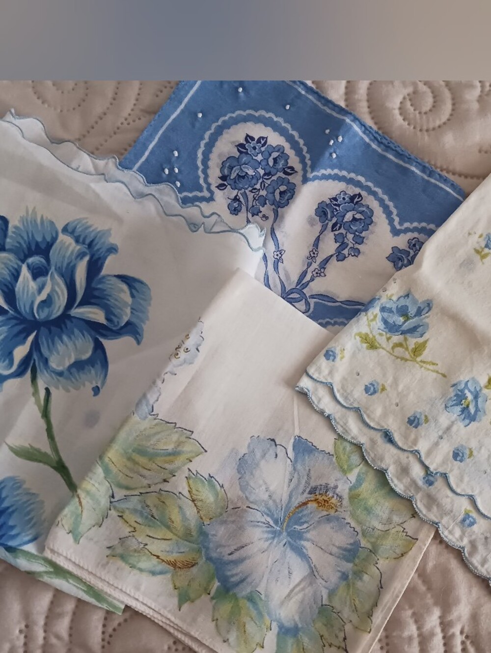 Vintage Mother Handkerchief Blue Florals 4 Pc Womens Hanky Lot